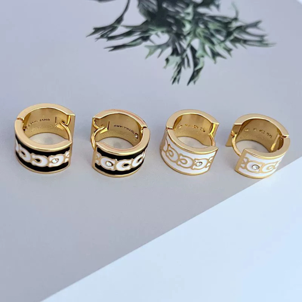 Coach Geometric Round Enamel Metal Earrings with Rhinestone